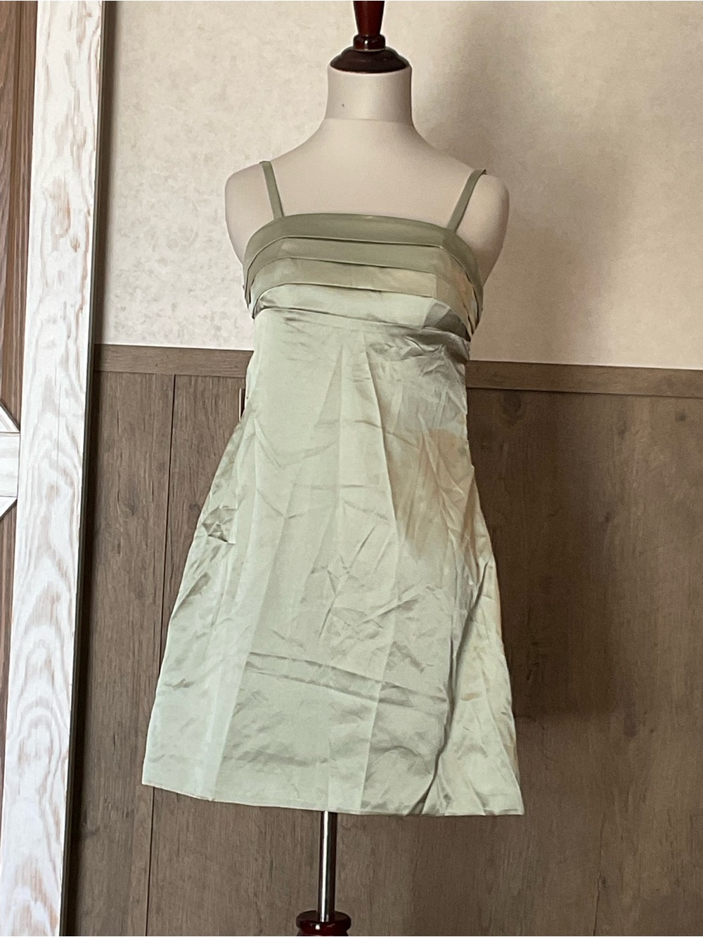 Sage Green Spaghetti-Strap Mini Dress, Cute Design. Size 4